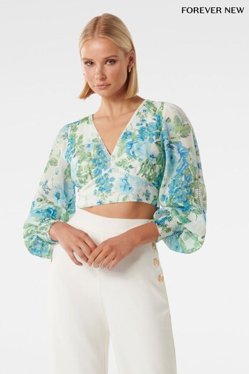 Forever New White Blue & Green Maree Spliced Ramie Blouse (P73705) | £65