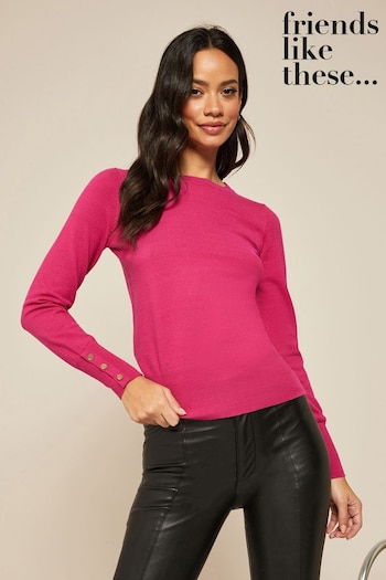 Friends Like These Pink Button Cuff Crew Neck Jumper (P73787) | £23 - £24