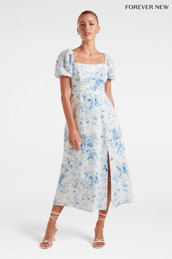 Forever New Blue & White Carson Linen Square Neck Midi Dress (P73810) | £95