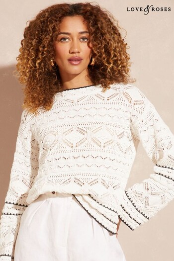 Shirts & Blouses Ivory Crochet Contrast Stitch Flute Sleeve Jumper (P73819) | £40