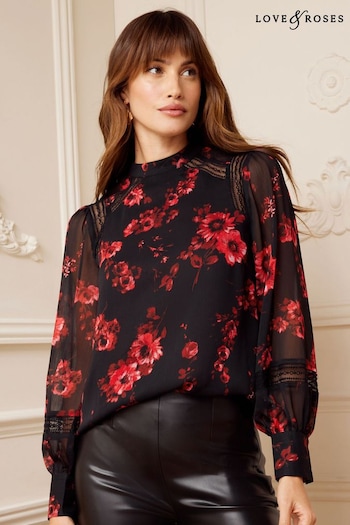 Love & Roses Black Floral Petite High Neck Lace Trim Long Sleeve Blouse (P73872) | £38