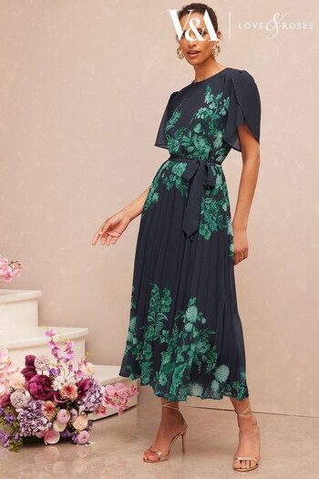 V&A | Food & Drink Teal Floral Placement Printed Tulip Sleeve Belted Pleated Midi Dress (P74156) | £75