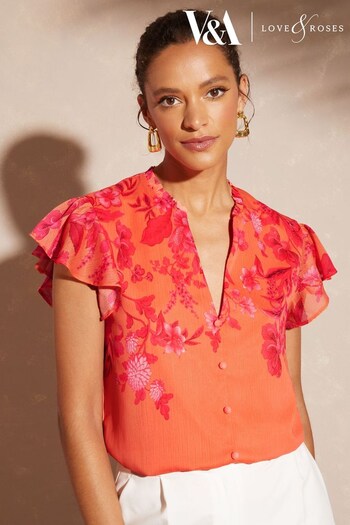 V&A | Love & Roses Orange Floral Printed Ruffle V Neck Flutter Sleeve Button Up Blouse (P74391) | £36