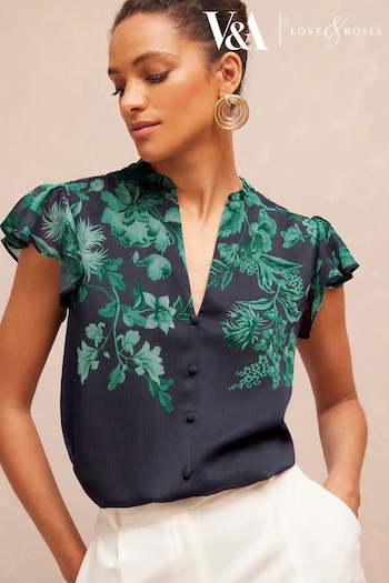 V&A | Lurex Shirt W Bow Teal Floral Petite Printed Ruffle V Neck Flutter Sleeve Button Up Blouse (P74395) | £36