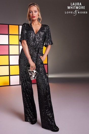 In The Style shirt dress in floral Black & Silver Flutter Sleeve Wrap Sequin Wide Leg Jumpsuit (P74431) | £86