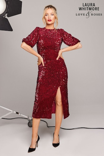 Love & Roses Berry Red Petite Short Sleeve Empire Velvet Sequin Midi Dress (P74432) | £75