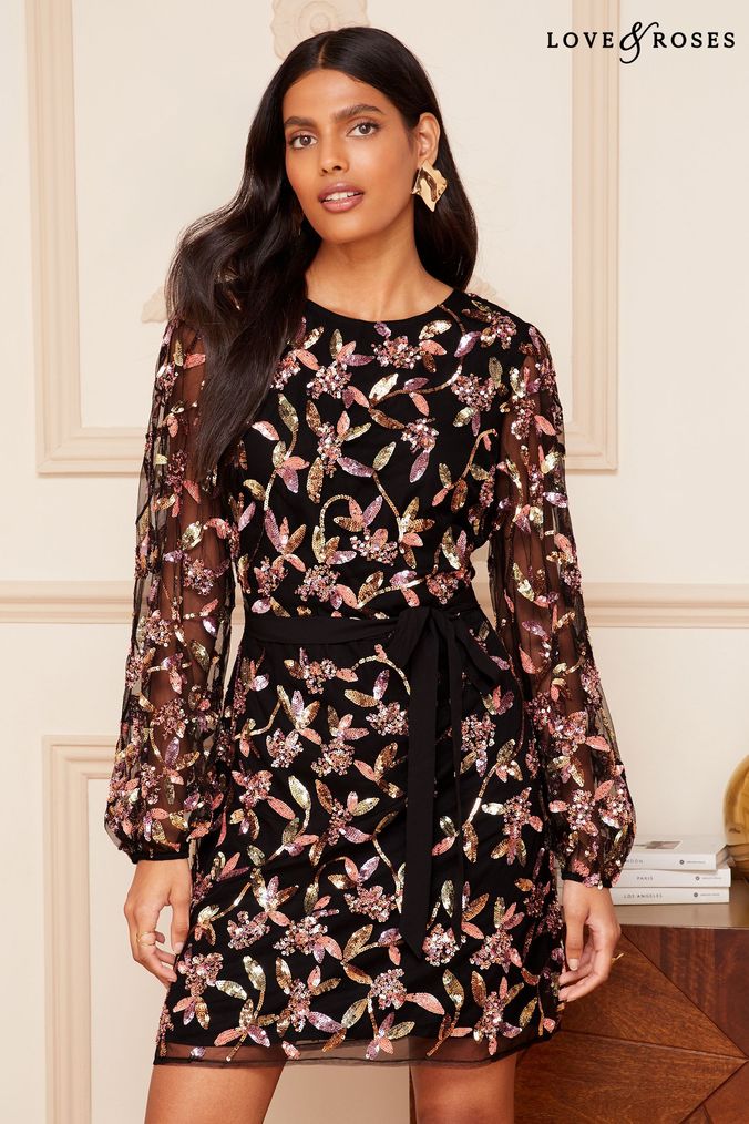 Long sleeve front sales slit belted sequin dress
