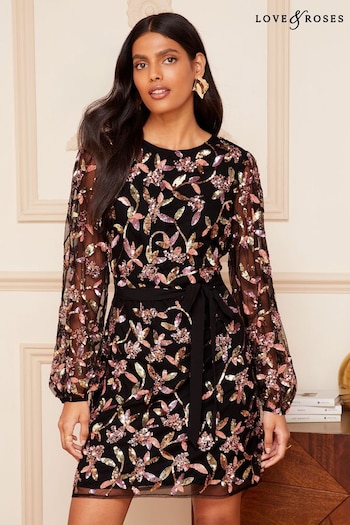Love & Roses Black Embellished Long Mesh Sleeve Belted Mini Dress (P74435) | £118