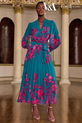 V&A | Friends Like These Teal Floral Print Frill Notch Neck Pleated Long Sleeve Midi Dress (P74436) | £75