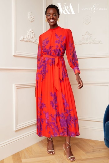 V&A | Love & Roses Red and Purple Floral Print Ruffle Neck Pleated Long Sleeve Midi Dress (P74437) | £75