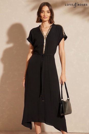 New: Laura Ashley Black Sequin Trim Notch Neck Short Sleeve Belted Midi Dress (P74441) | £58