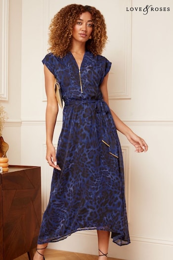 Beauty & Grooming Blue Animal Printed Zip Detail Roll Sleeve Belted Midi Dress (P74463) | £54