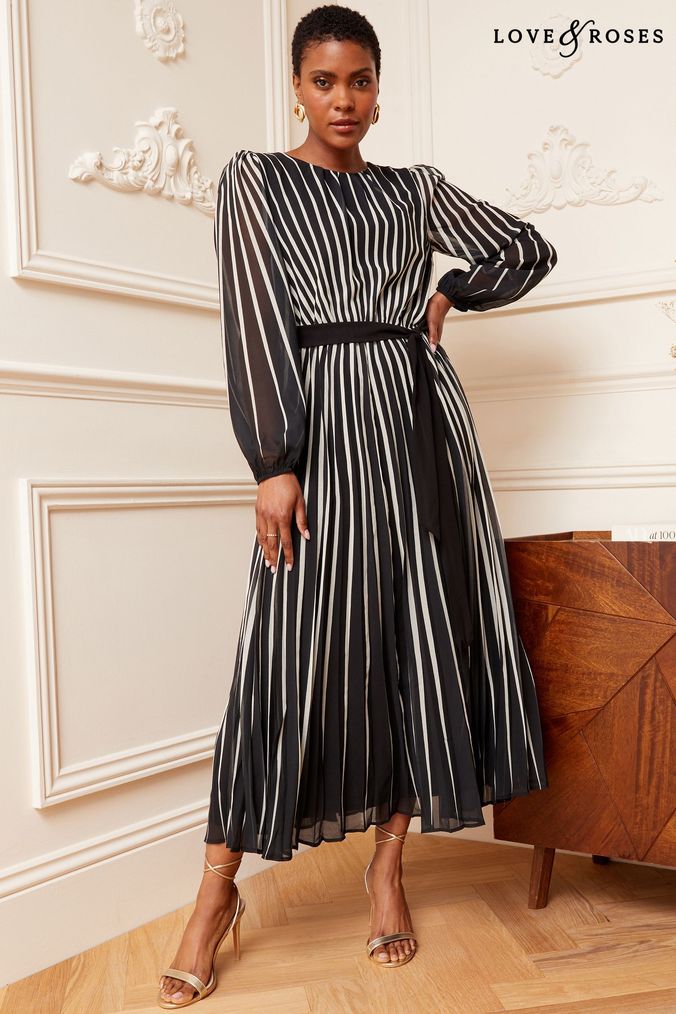 Love & Roses Black & White Stripe Printed Belted Pleated Long Sleeve Midi Dress (P74506) | £72
