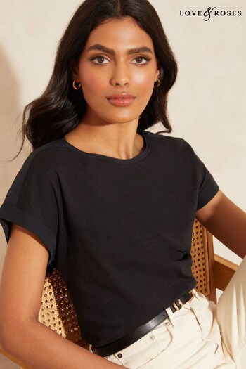T-Shirts & Tops Black Roll Sleeve Round Neck T-Shirt (P74894) | £16