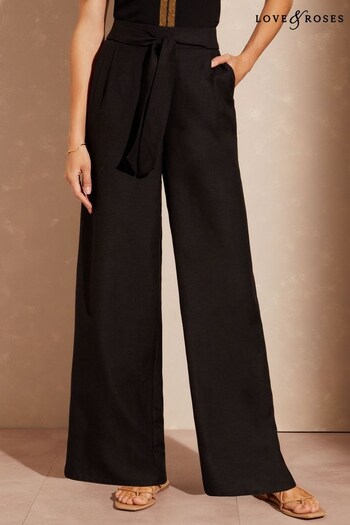 mens cotton pants with elastic waist Black Wide Leg Belted Tailored Trousers Contains Linen (P75008) | £36