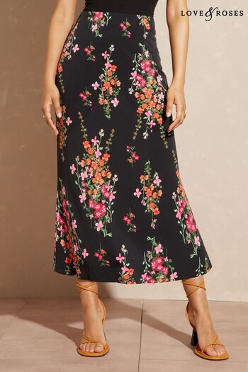 Love & Roses Black Jersey Floral Summer Midi Skirt (P75087) | £32