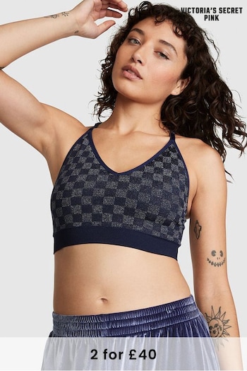 Victoria's Secret PINK Midnight Navy Checkered Blue Non Wired Lightly Lined Seamless Sports Bra (P75120) | £26