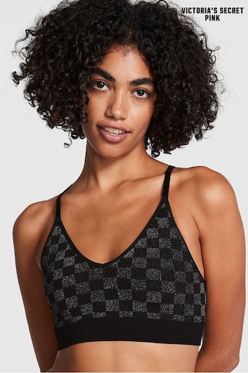 Victoria's Secret PINK Pure Black Checkered Non Wired Lightly Lined Seamless Sports Bra (P75121) | £26