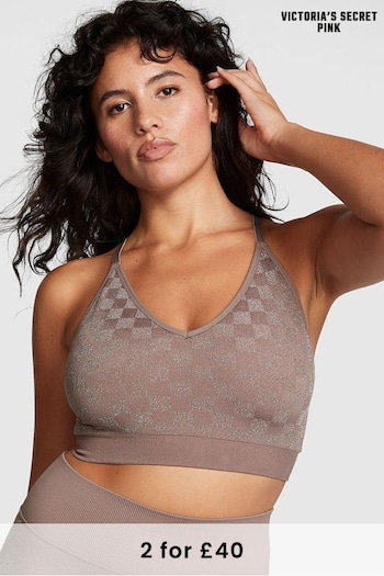 Victoria's Secret PINK Iced Coffee Checkered Brown Non Wired Lightly Lined Seamless Sports Bra (P75122) | £26