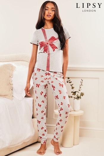 Lipsy Grey Glitter Bow Christmas Short Sleeve Pyjamas (P75255) | £30