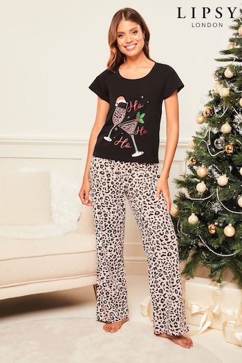 Lipsy Black Prosecco Christmas Short Sleeve Pyjamas (P75257) | £30