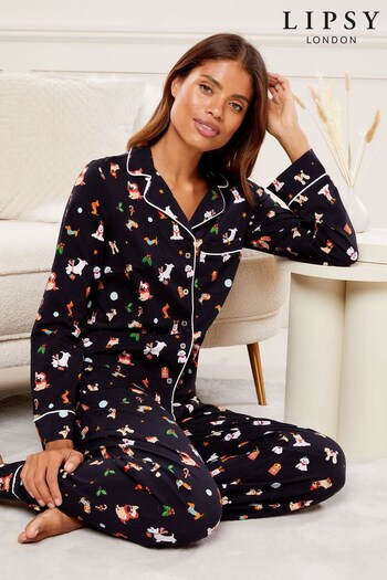 Lipsy Black Festive Jersey Printed Shirt and Trousers Pyjamas (P75258) | £40