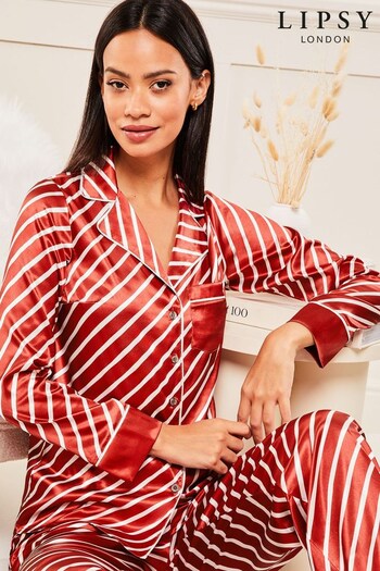 Lipsy Red Stripe Printed Satin Long Sleeve Shirt and Trousers Pyjamas (P75269) | £40