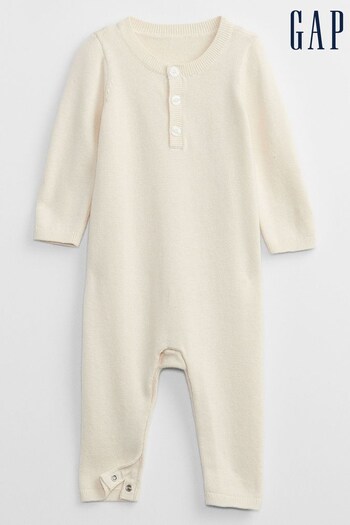 Gap Cream Knitted Long Sleeve Henley Baby Sleepsuit (P75481) | £25