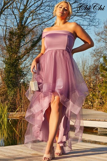 Chi Chi London Purple Plus Size One Shoulder Mesh Skirt Dip Hem Dress (P75630) | £110