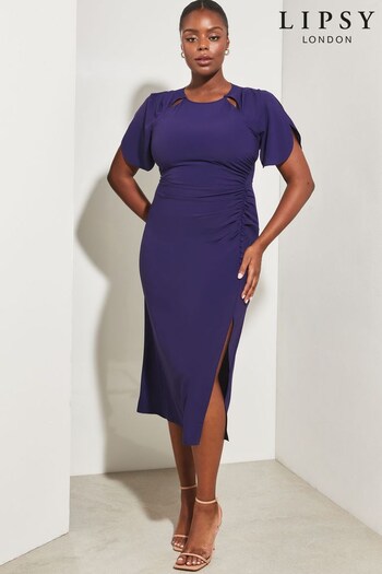 Lipsy Navy Curve Ruched Flutter Sleeve Cut Out Bodycon Dress (P76527) | £65