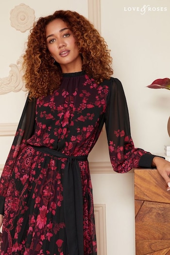 V&A | Love & Roses Red and Purple Floral Petite Print Ruffle Neck Pleated Long Sleeve Midi Dress (P76531) | £75