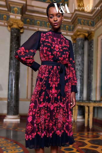 Love & Roses Black and Red Printed Belted Pleated Long Sleeve Midi Dress (P76555) | £75