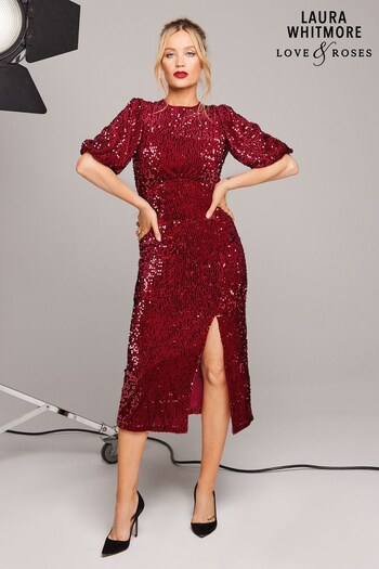Love & Roses Berry Red Short Sleeve Empire Velvet Sequin Midi Dress (P76557) | £75