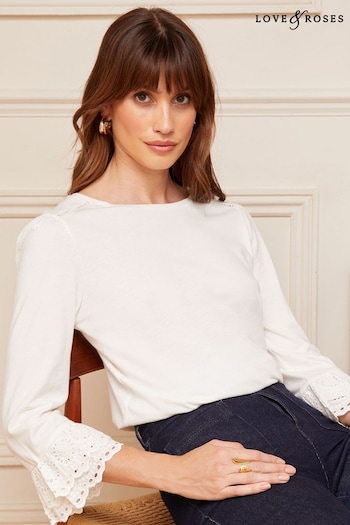 Sandals & Sliders Ivory White 3/4 Broderie Flute Sleeve Round Neck Jersey Top (P76575) | £28