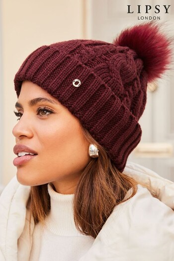 Lipsy Berry Red Cosy Knit Faux Fur Bobble Hat (P76587) | £10