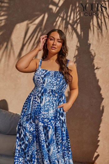 Yours Curve Blue Shirred Strappy Midi Dress (P76607) | £35