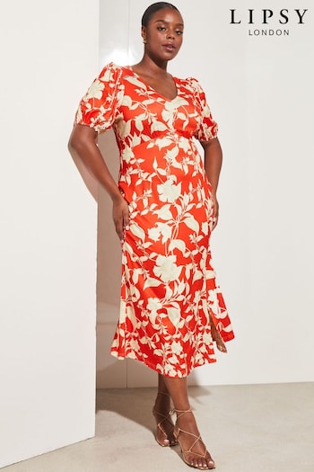 Lipsy Red Print Curve Jersey Short Sleeve Trimmed Underbust Midi Mini Dress (P76613) | £48