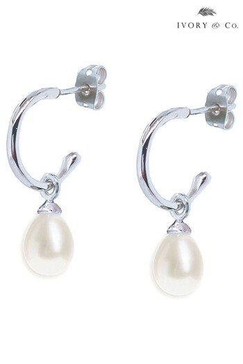Ivory & Co Rhodium Harrow Modern Pearl Hoop Earrings (P77683) | £25