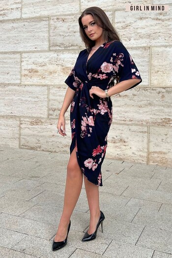 Girl In Mind Navy Floral Short Sleeve Chelsea Wrap Dress (P77762) | £44