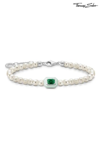 Thomas Sabo Green Bracelet With White Pearls and Green Stone (P77812) | £149