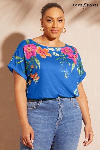 Love & Roses Cobalt Floral Curve Roll Sleeve Round Neck T-Shirt (P77832) | £17.50