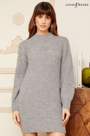 Love & Roses Grey Pointelle Yoke High Neck Knitted Mini Dress (P77895) | £48