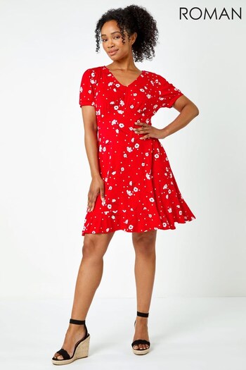 Roman Red Petite Floral Puff Sleeve Frill Hem Dress (P78081) | £36
