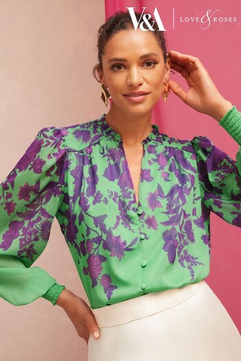 V&A | Love & Roses Green and Purple Floral Printed Puff Sleeve V Neck Long Sleeve Button Up Blouse (P78452) | £42