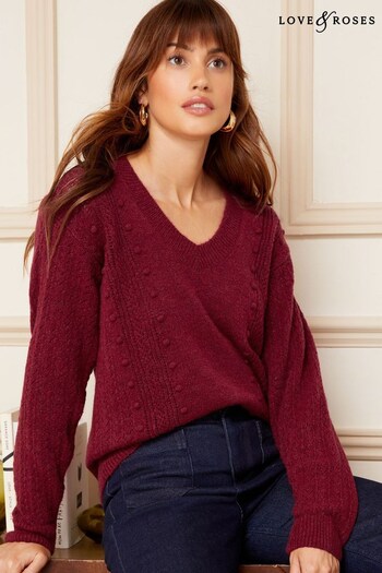 Customise Your Sofa Berry Red Pompom V Neck Knitted Jumper (P79421) | £42