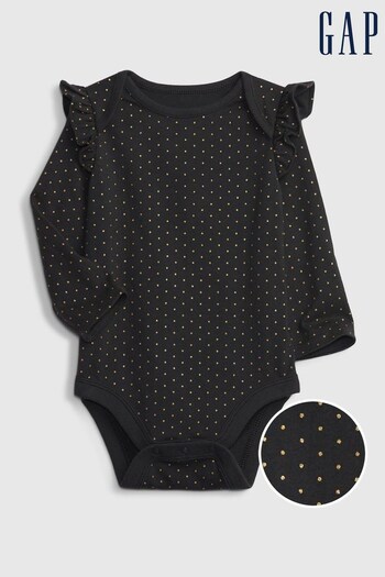 Gap Black All Over Print Ruffle Long Sleeve Baby Bodysuit (P79433) | £8