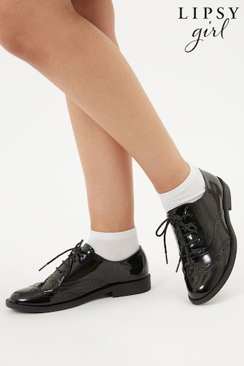 Lipsy Black Lace Up Flat Patent Brogue BOSS Shoe (P80084) | £25 - £31