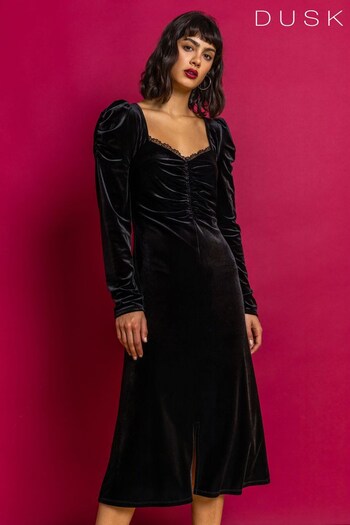 Dusk Black Lace Trim Velvet Midi Dress (P80715) | £48