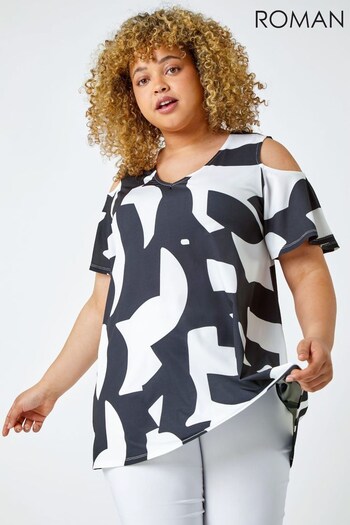 Roman Black & White Curve Abstract Cold Shoulder Top (P81225) | £30