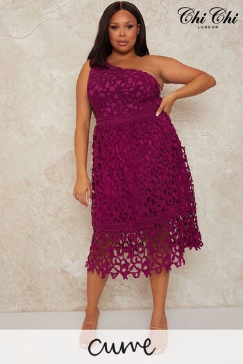 Chi Chi London Berry Red Plus Size One Shoulder Skater Crochet Dress (P81421) | £95